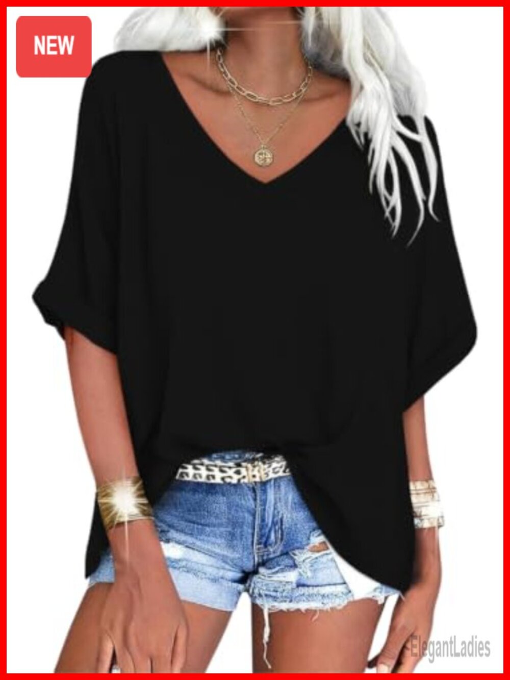 Womens V Neck Oversized T-Shirt Rolled Short Sleeve Loose Casual Summer Top